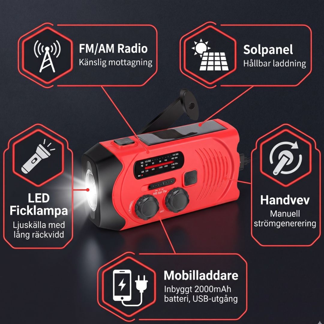 Nödradio Pro – FM-radio, ficklampa & mobilladdare i ett