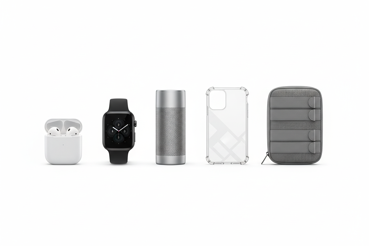 gör en bild av prylar som folk kan köpa ta några stycken och gör de i linje som förra bilden