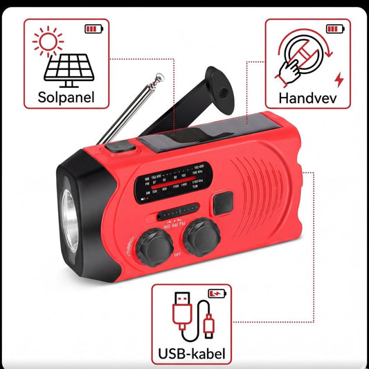 Nödradio Pro – FM-radio, ficklampa & mobilladdare i ett